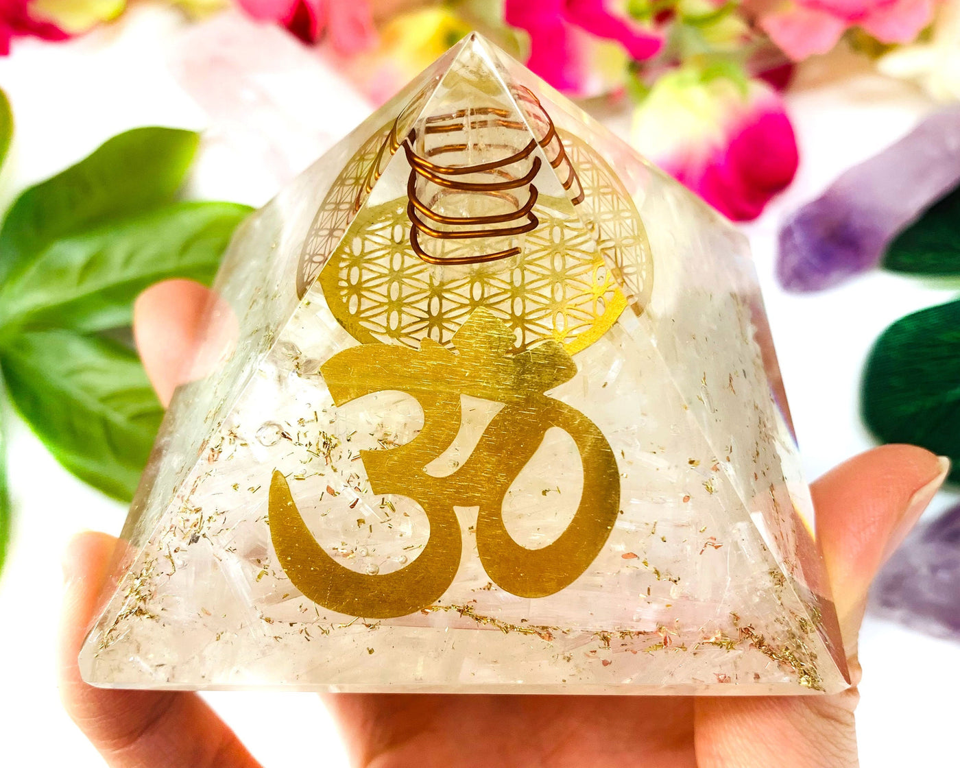 Energy Clearing Selenite Orgone Pyramid | Crystal Orgonite Pyramid EMF Protection | Crystals for Positivity, Reiki Healing Energy Generator