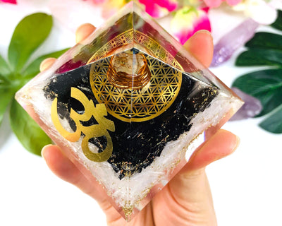 Cleanse Protect Black Tourmaline Selenite Orgone Pyramid | Orgonite Pyramid | Crystals for Clearing Negative Energy, Empath, EMF Protection