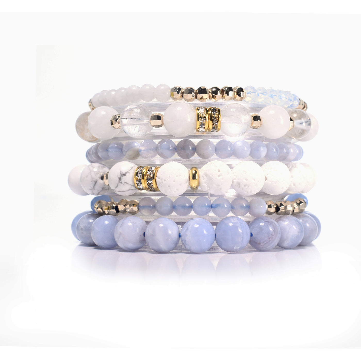 Blue & White Moonstone Blue Lace Agate Bracelet Set