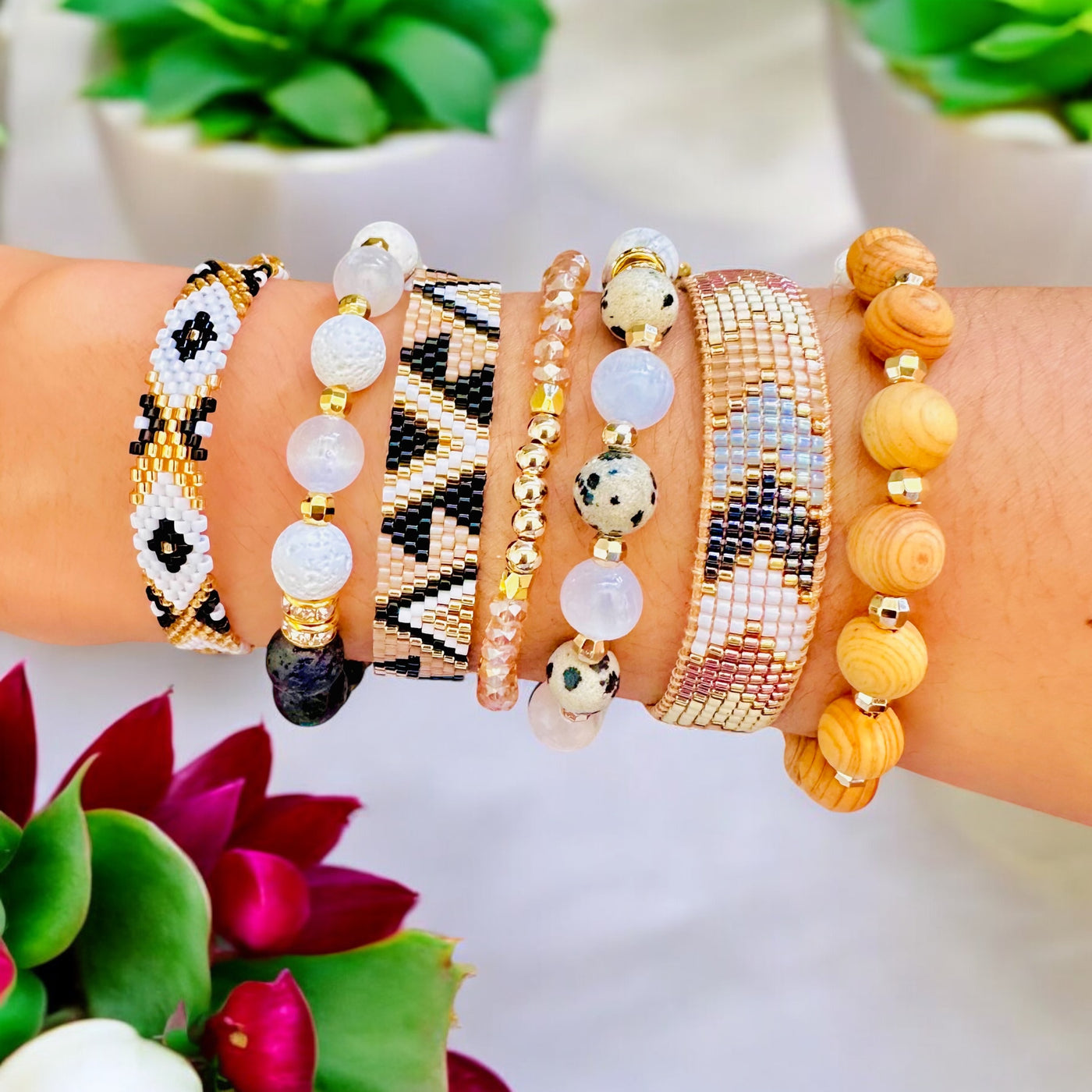 Black White Gold Layering Bracelets