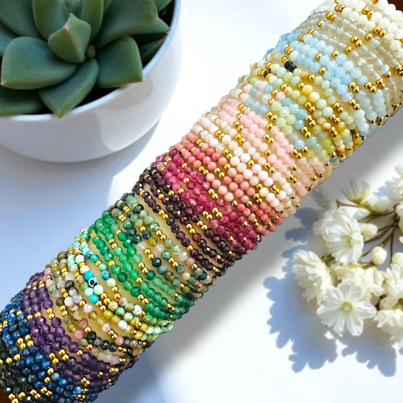 Dainty 3mm Gemstone Bracelet - 18K Gold Plated Accents, Waterproof