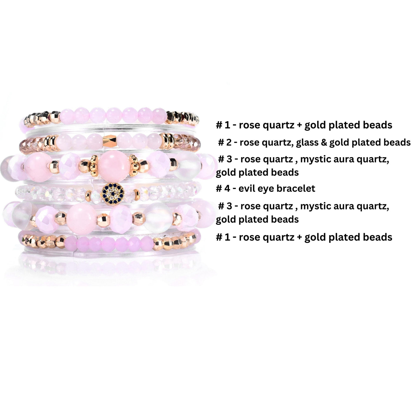 Rose Quartz, Evil Eye Bracelet Set