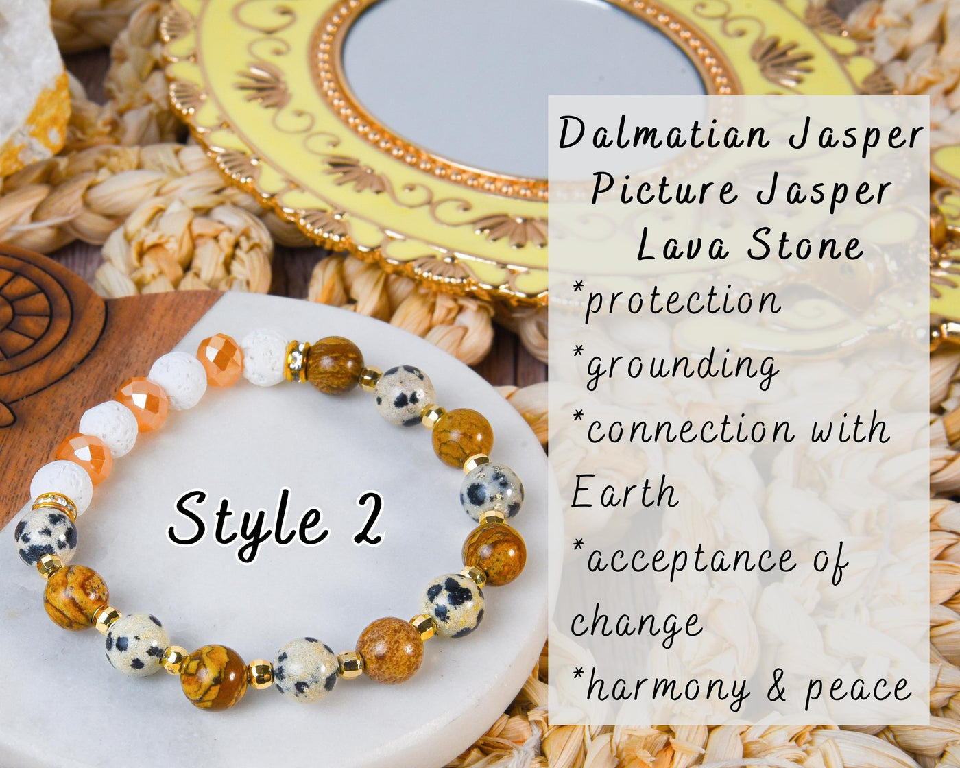 Healing Crystal Boho Bracelet Stack Set, Layering Stackable Bracelets, Lava Stone, Selenite, Howlite, Cypress Wood, White, Gold Diffuser Beaded Bracelet