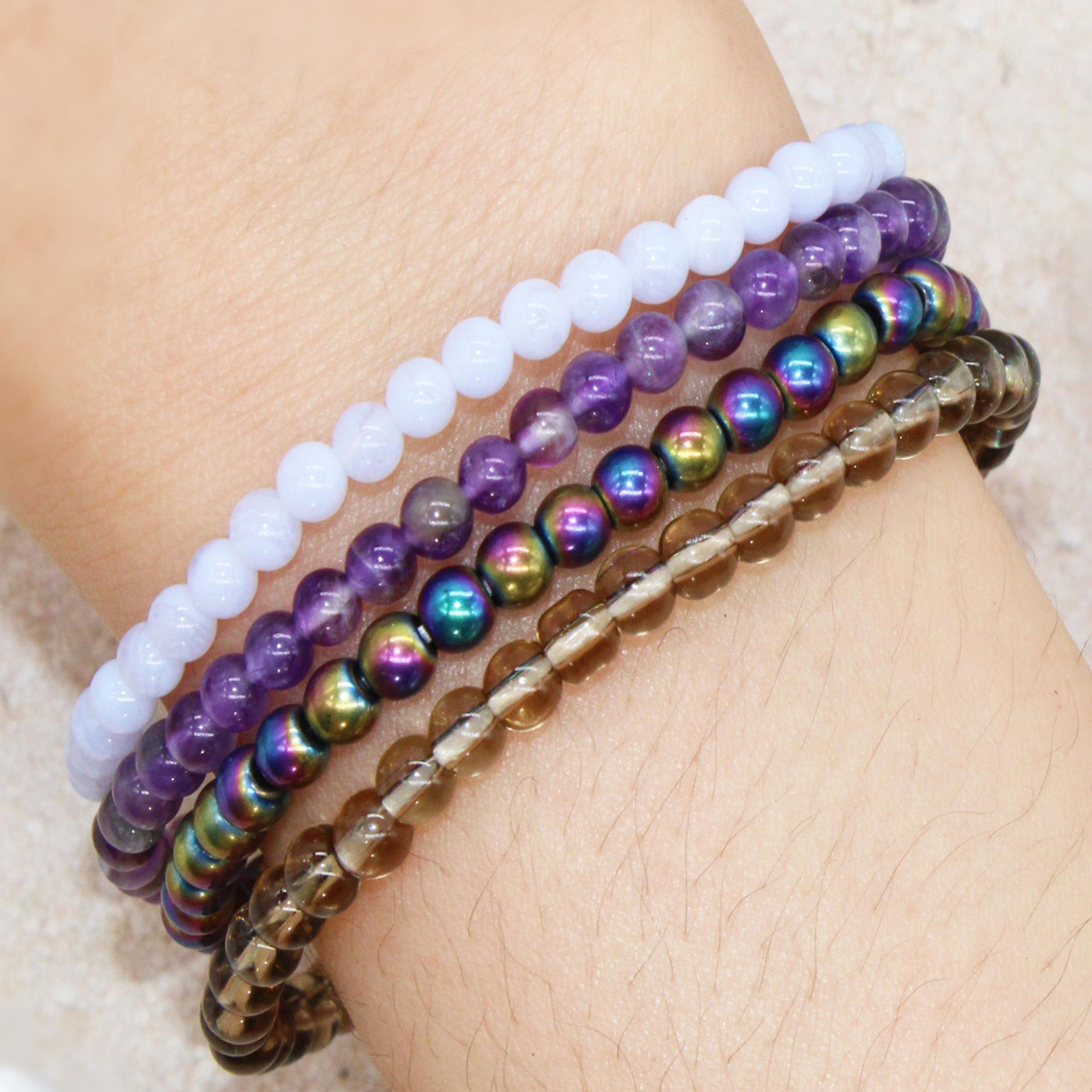 Anti-Anxiety Crystal Bracelet | Remove Anxiety, Stress, Worry | Dainty stackable beaded bracelet | crystal bracelet set pack | smoky quartz, blue lace agate, amethyst, rainbow hematite