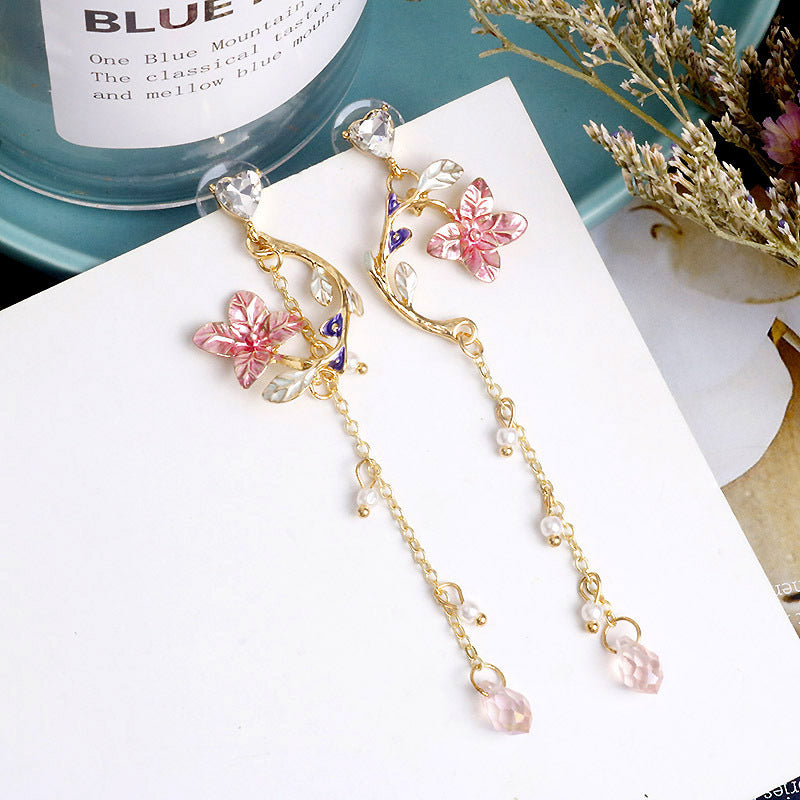 Pink Flower Asymmetrical Dangle Earrings | Korean Earrings | Soul Charms