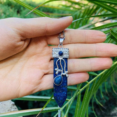 Flora Wand Necklaces - Lapis Lazuli Flora Embroidered Crystal Wand Pendant Necklace
