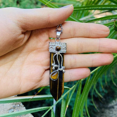 Flora Wand Necklaces - Tiger Eye Flora Embroidered Crystal Wand Pendant Necklace