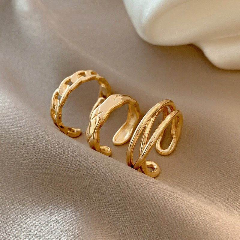 Cuban Chain Ring 14K Gold Adjustable Ring Set, Stackable Chunky Rings , Minimalist Rings, Adjustable Rings, Soul Charms