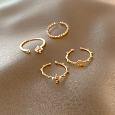 14K Gold Adjustable Dainty Ring Set | Stackable Gold Midi Rings | Dot Ring | Cubic Zirconia gold ring | Cross Ring | Heart Ring