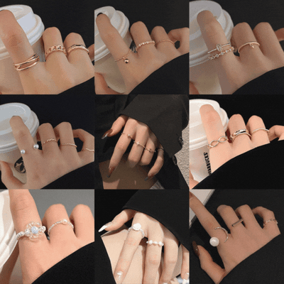 14K Gold Adjustable Dainty Ring Set | Stackable Gold Midi Rings | Dot Ring | Cubic Zirconia gold ring | Cross Ring | Heart Ring