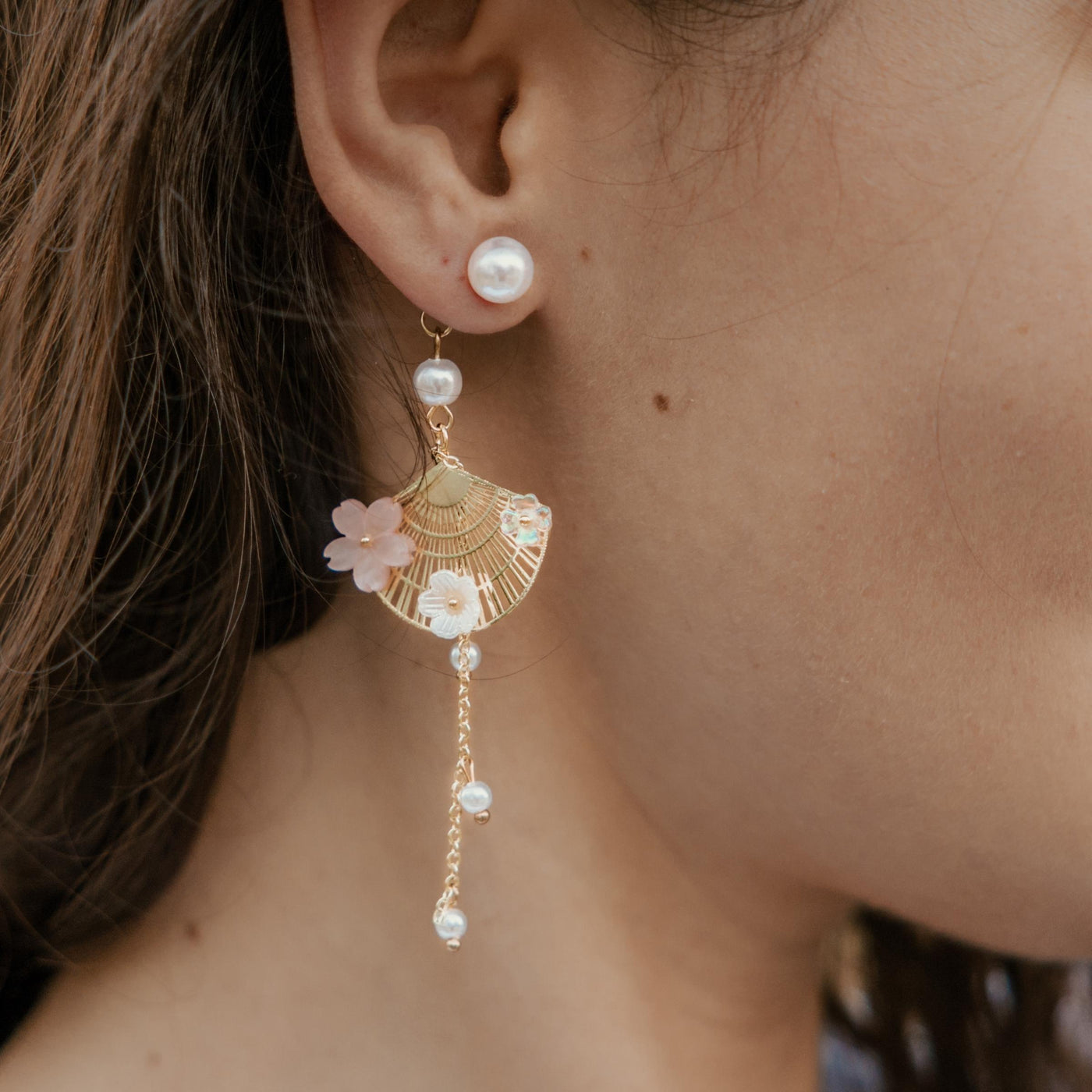 Cherry Blossom Fan Asymmetrical Dangle Earrings | Dainty Korean Earrings | Pink Flower Earrings | Jewelry with Meaning | Soul Charms
