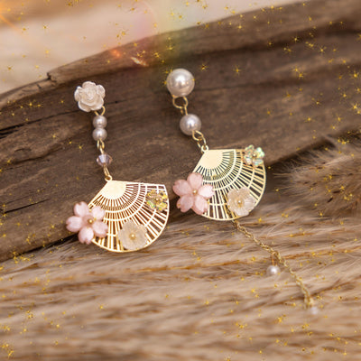 Cherry Blossom Fan Asymmetrical Dangle Earrings | Dainty Korean Earrings | Pink Flower Earrings | Jewelry with Meaning | Soul Charms