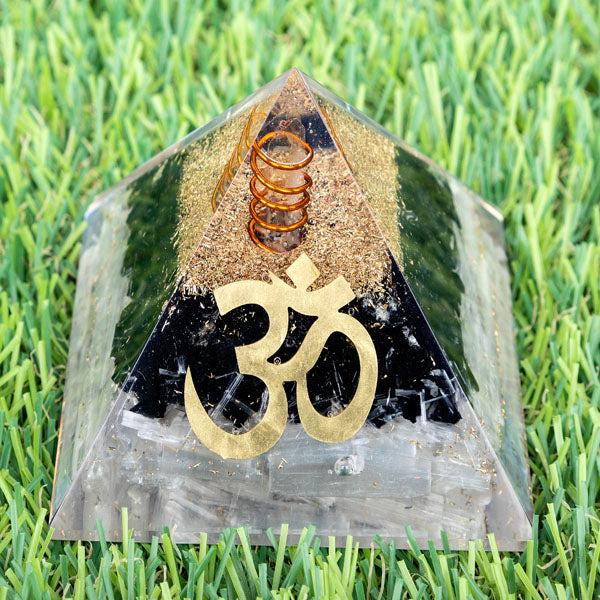 Cleanse Protect Crystal Selenite Black Tourmaline Orgone Pyramid for Feng Shui Reiki Healing