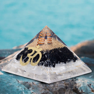 Cleanse Protect Crystal Selenite Black Tourmaline Orgone Pyramid for Feng Shui Reiki Healing