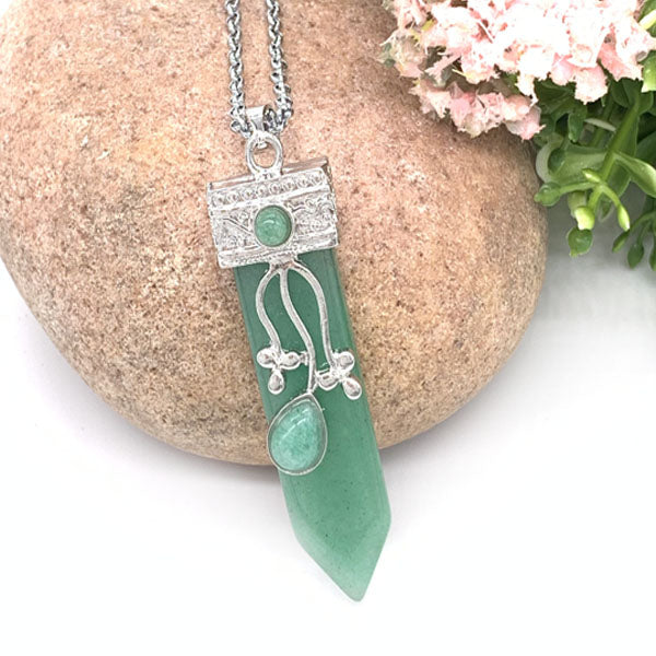 Flora Wand Necklaces - Green Aventurine Flora Embroidered Crystal Wand Pendant Necklace