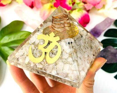 Divine Guidance Moonstone Crystal Orgone Pyramid | Crown Chakra Healing Orgonite Pyramid | Crystals for Intuition, Divination, Angel Guide