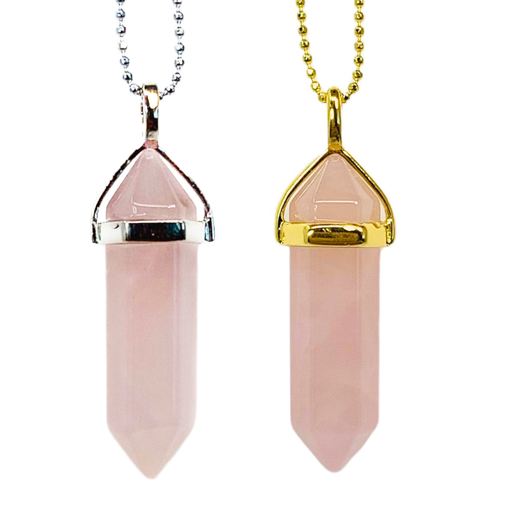 Pendant Necklaces - Rose Quartz Gemstone Pendant Necklace Silver and Gold